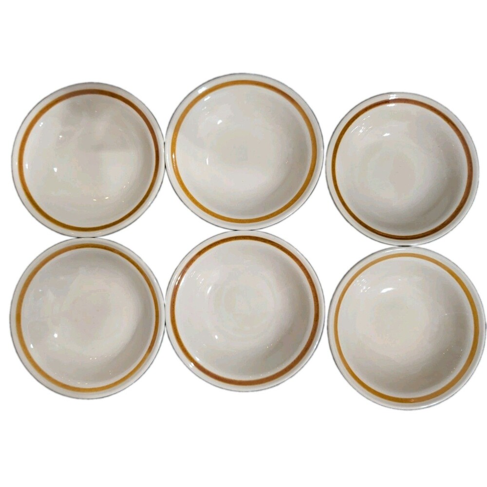 Vintage Genuine Stoneware Japan Set Of 6 Small Dessert /Salad Bowls Brown Stripe